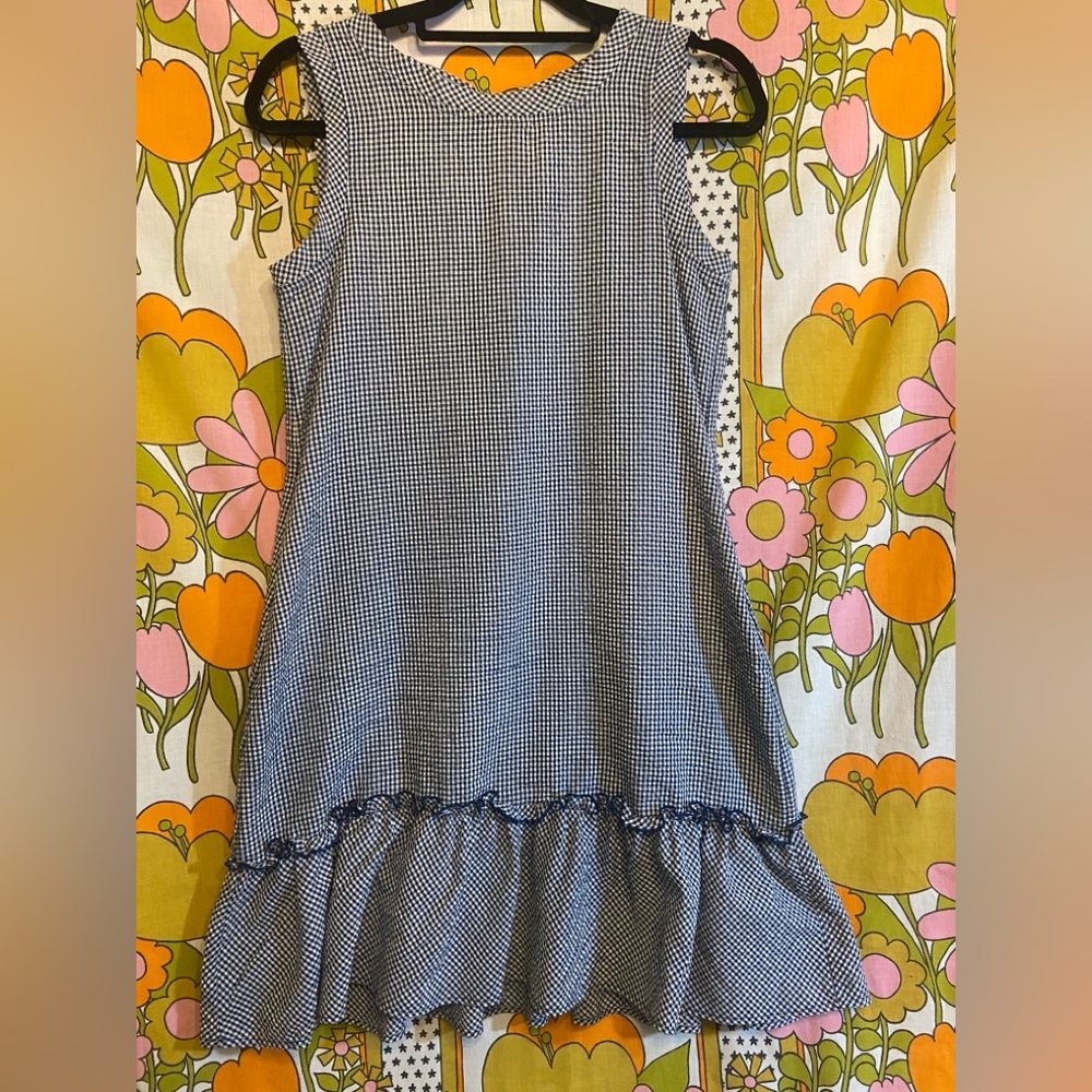 Navy Gingham Ruffle Hem Shift Dress